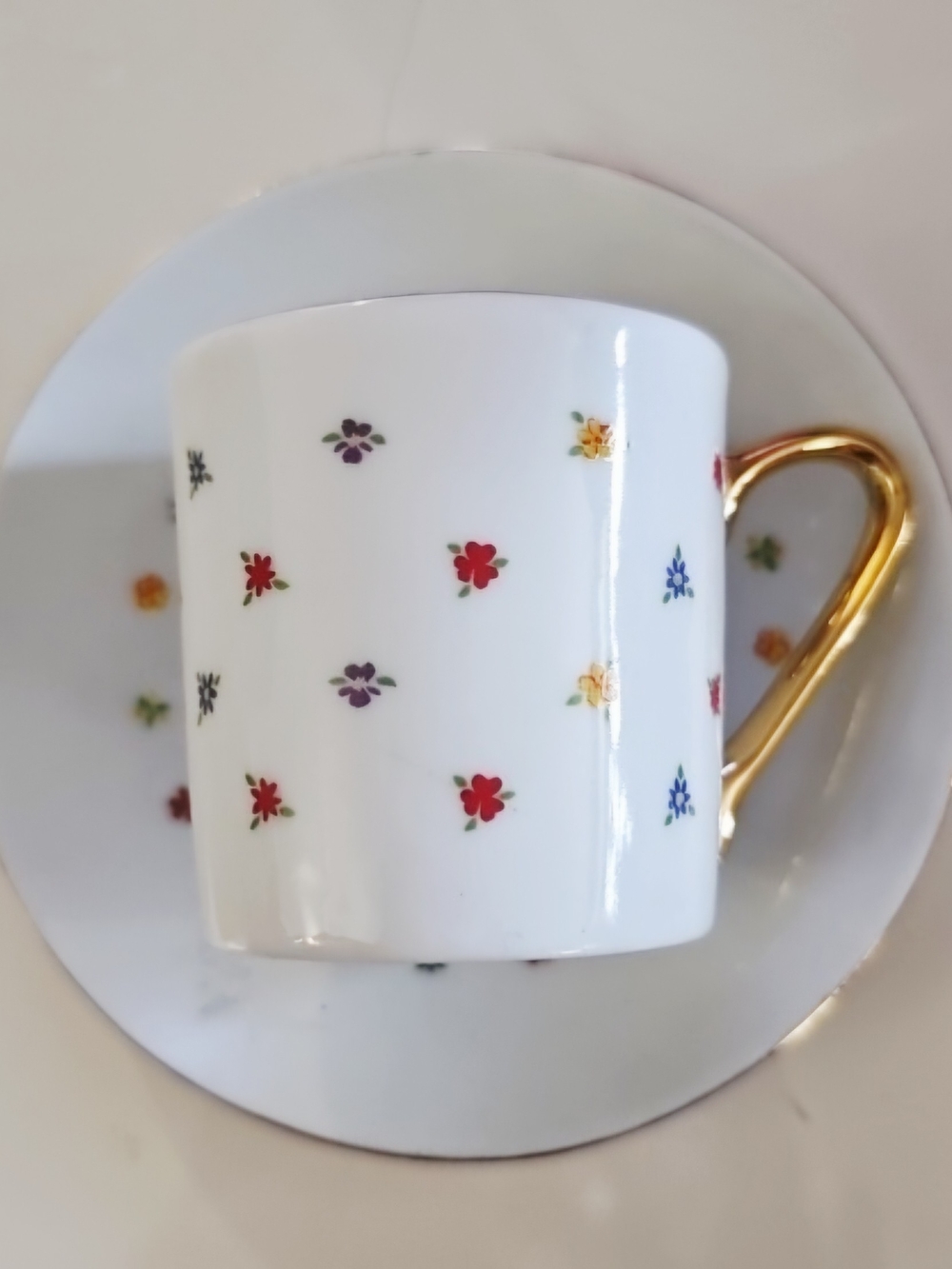 White Porcelain Espresso Demitasse Cup & Saucer Floral Pattern and Gold Handle